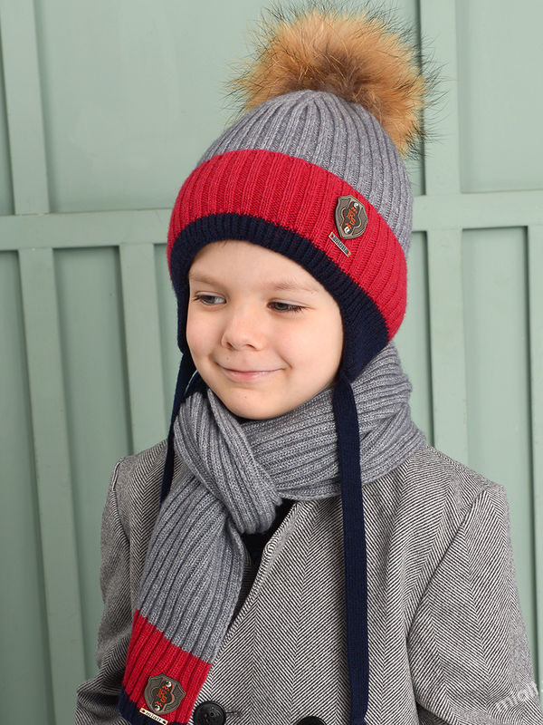 Комплект зимний для мальчика (шапка+шарф+варежки) (Снайпер 4207ШПО233-2 сер+крас.)