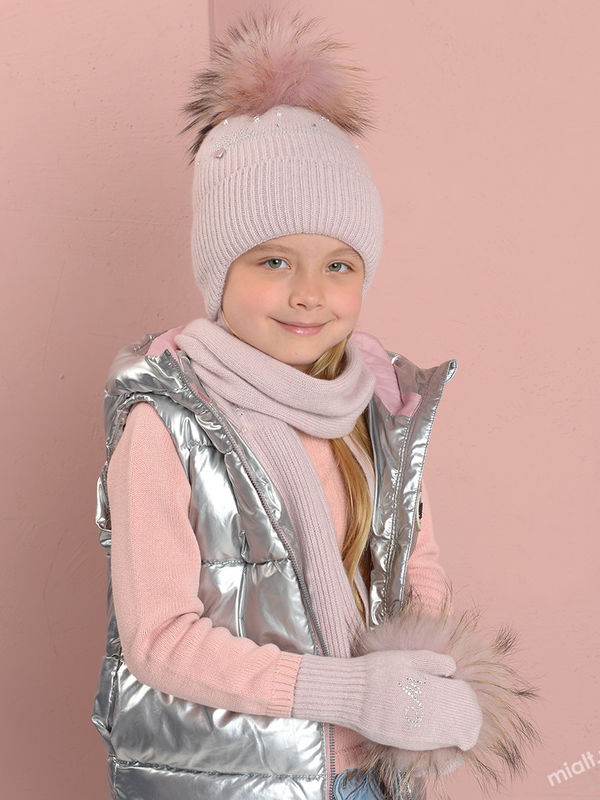 Комплект зимний для девочки (шапка+шарф+варежки) (Юла 32007ШПО2323-3 пудра)